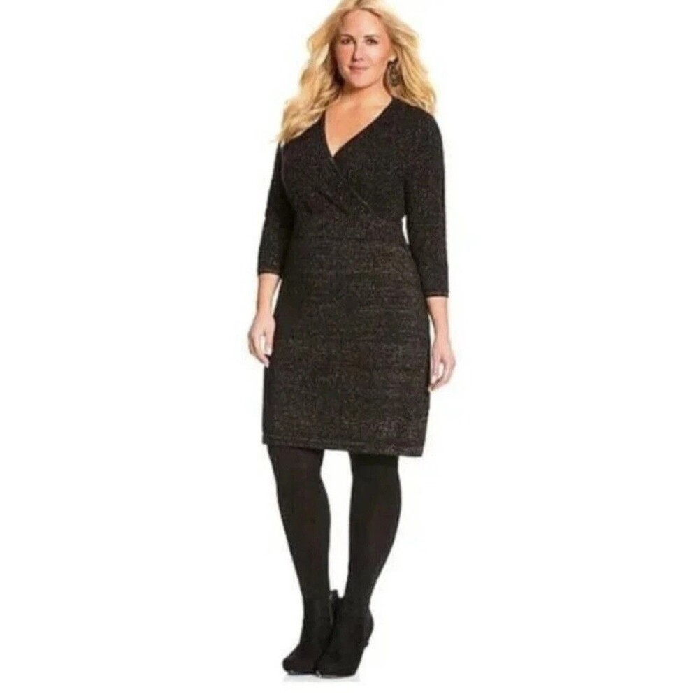Lane Bryant  Women  22/ 24 Black Gold Metallic Surplice 3/4 Sleeve Sweater Dress
